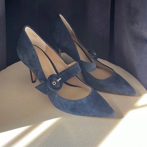 Ann Taylor navy suede stilettos with buckle detail